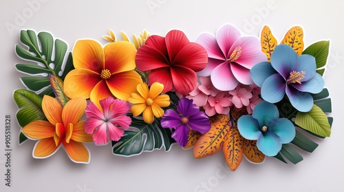 Fototapeta Naklejka Na Ścianę i Meble -  Tropical flowers sticker set, vibrant and colorful, featuring a variety of exotic blooms with 3D cartoon style, perfect for botanical enthusiasts.