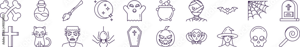 Collection of Icons of Halloween. Suitable for books, stores, shops. Editable stroke in minimalistic outline style. Symbol for design Collection of Icons of Halloween. Suitable for books, stores, shops. Editable stroke in minimalistic outline style. Symbol for design