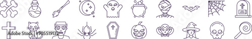 Collection of Icons of Halloween. Suitable for books, stores, shops. Editable stroke in minimalistic outline style. Symbol for design