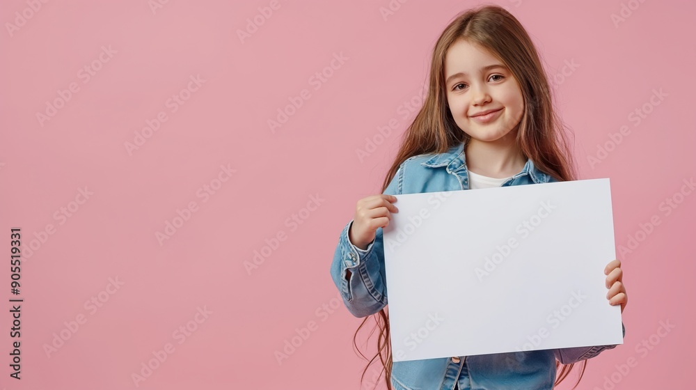 Smiling Young Girl with Blank White Board with Copy Space for Text, Pink Background Smiling Young Girl with Blank White Board with Copy Space for Text, Pink Background