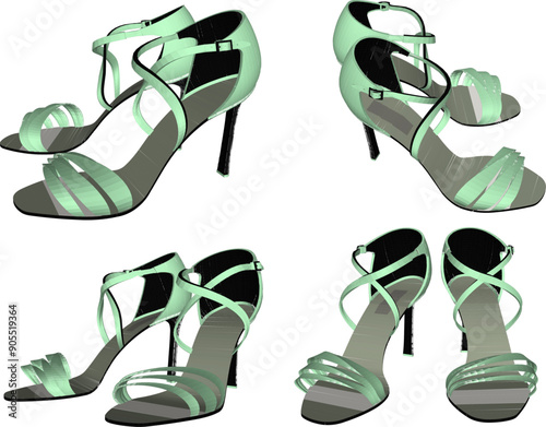 Vector sketch illustration of unique women's shoe sandal design with classic vintage ethnic details 