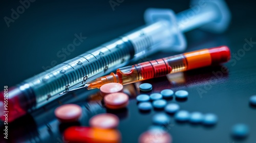 A close-up of various medications, including pills, capsules, and a syringe, on a dark reflective surface. photo