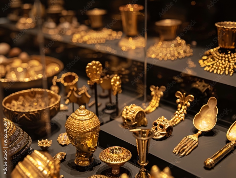 Fototapeta premium A collection of ancient gold artifacts displayed in a museum case