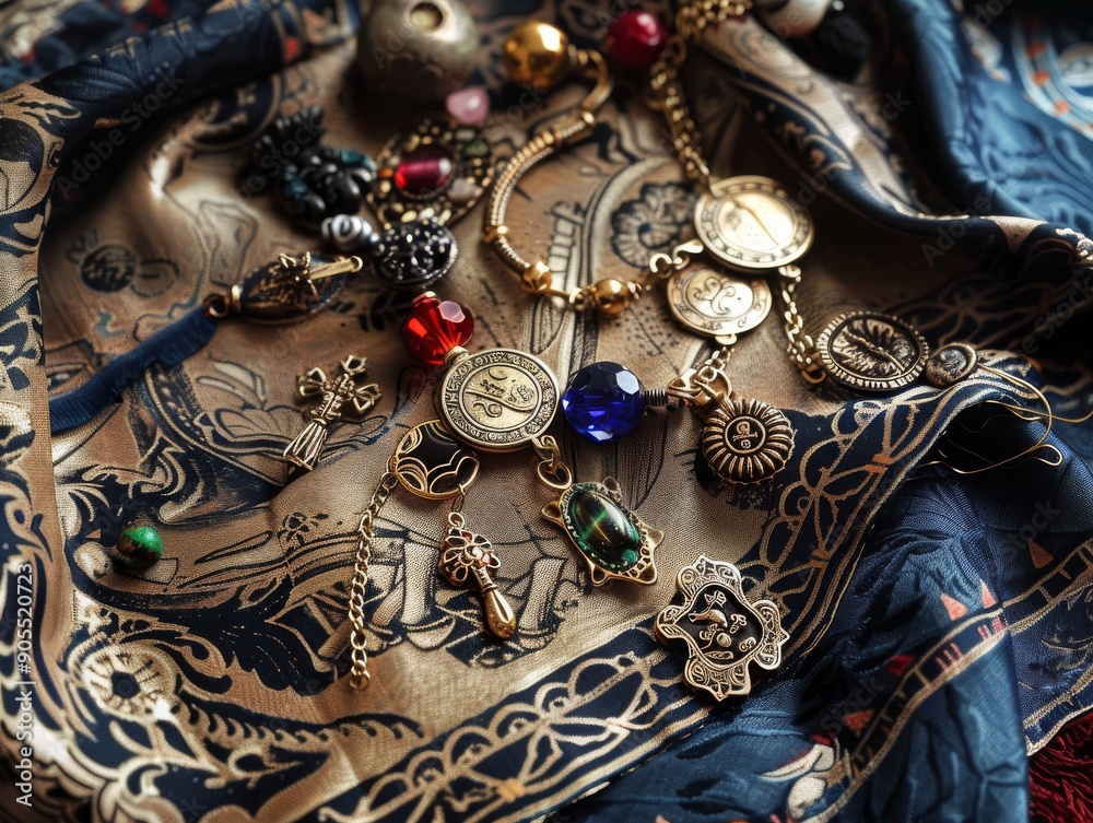 A collection of gold coins, jewels, and charms lay scattered on a patterned blue fabric. A collection of gold coins, jewels, and charms lay scattered on a patterned blue fabric.