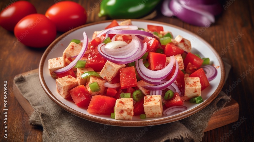 Fresh Healthy Tomato Tofu Salad with Onions and Peppers Fresh Healthy Tomato Tofu Salad with Onions and Peppers