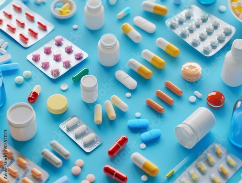 A colorful assortment of pills and medication bottles scattered on a bright blue background.