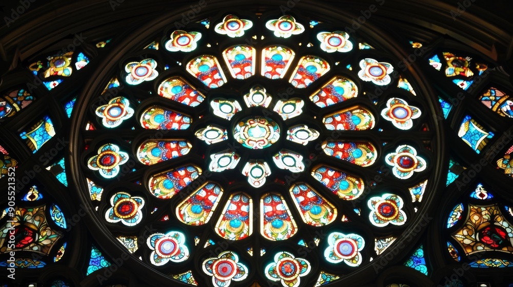 A colorful stained glass window in a church, with a circular design. The window is made up of many small pieces of glass, each with a different color and pattern. A colorful stained glass window in a church, with a circular design. The window is made up of many small pieces of glass, each with a different color and pattern.