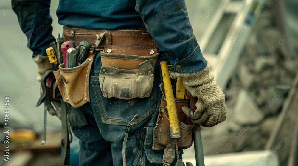 A construction worker with a tool belt and gloves stands on a construction site. A construction worker with a tool belt and gloves stands on a construction site.