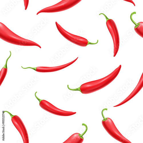 3D realistic falling red chilly peppers seamless pattern on white background.