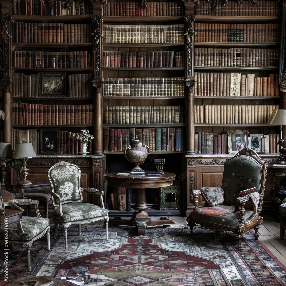 A cozy reading nook with antique furniture, a richly patterned rug, and a wall of bookshelves. A cozy reading nook with antique furniture, a richly patterned rug, and a wall of bookshelves.