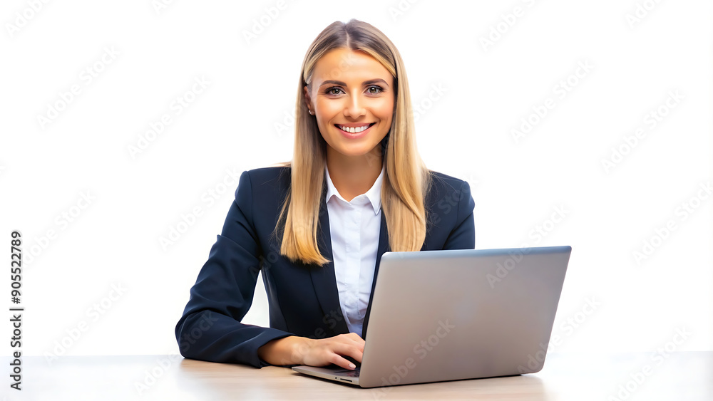 Smiling Caucasian Young Businesswoman CEO Using Laptop for Remote Work, E-Learning and Webinars Online Isolated on White Background Smiling Caucasian Young Businesswoman CEO Using Laptop for Remote Work, E-Learning and Webinars Online Isolated on White Background