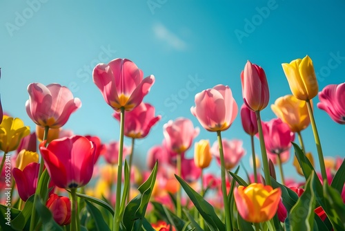 Vibrant spring tulip field with pink, yellow, and red flowers under a clear blue sky.