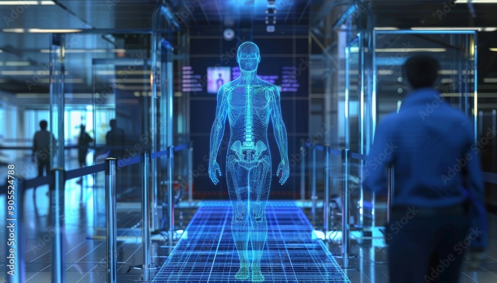A futuristic scene with a holographic human figure projected in a glass enclosure. A man walks past, gazing at the display. A futuristic scene with a holographic human figure projected in a glass enclosure. A man walks past, gazing at the display.