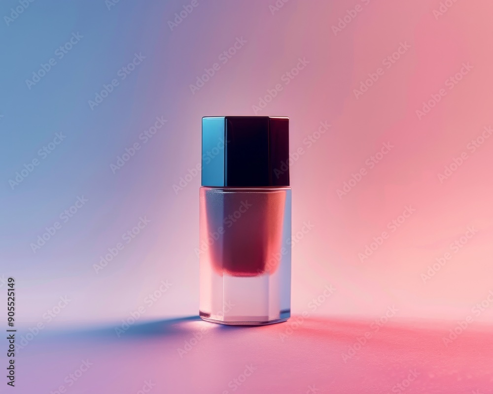 A glass bottle of liquid foundation on a pink and blue gradient background.