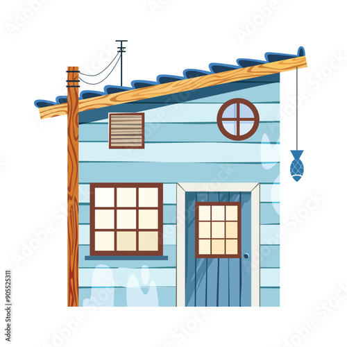 Tiny fishing hut - house facade, wooden blue walls and blue door, wide windows and tiny marine round window. Cute log cabin design