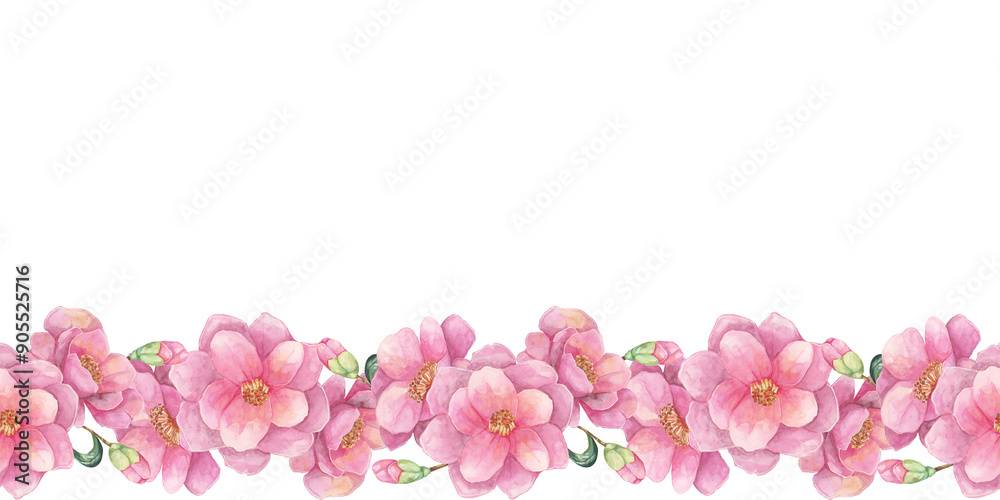 Pink camellia japonica flowers in a horizontal seamless border on the watercolor clipart. The soft and natural floral pattern is ideal for wedding invitations, greeting cards, and printable designs Pink camellia japonica flowers in a horizontal seamless border on the watercolor clipart. The soft and natural floral pattern is ideal for wedding invitations, greeting cards, and printable designs