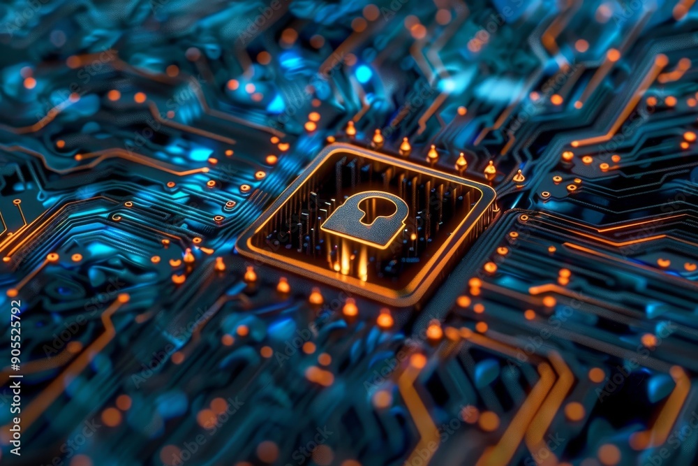 Fototapeta premium A glowing padlock icon on a circuit board, representing cybersecurity and data protection.