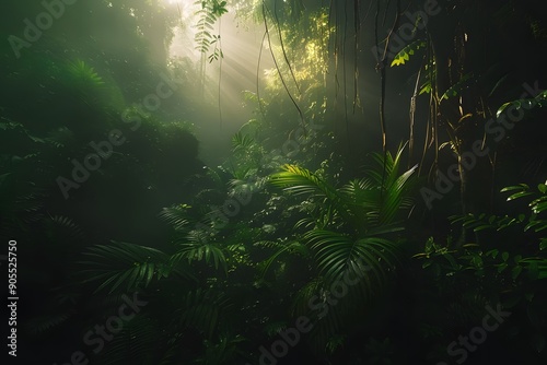 Mysterious jungle scene with lush greenery and soft light filtering through the trees.