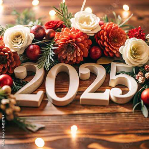 Happy New Year, holidays, Merry Christmas, 2025 with flowers, background. The design of the map. Bright light, luxurious, premium, Generating artificial intelligence, Christmas Winter snow theme, Deco