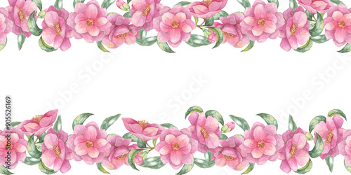 Camellia japonica flowers with green leaves in a seamless border along the top and bottom edges of this watercolor clipart. Suitable for digital designs, social media graphics, and printed stationery