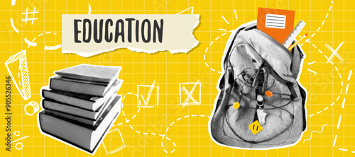 A set of cut-out trendy elements in a halftone collage on the theme of education and back to school, featuring yellow shades and a checkered background. Vector graphics.