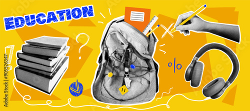 Set of cut out trendy elements in halftone collage on the theme of education and back to school. Yellow shades, background. Vector graphics.