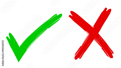 Green Tick Mark and Red Cross Mark Brush Strokes Hand Made Vector Illustration