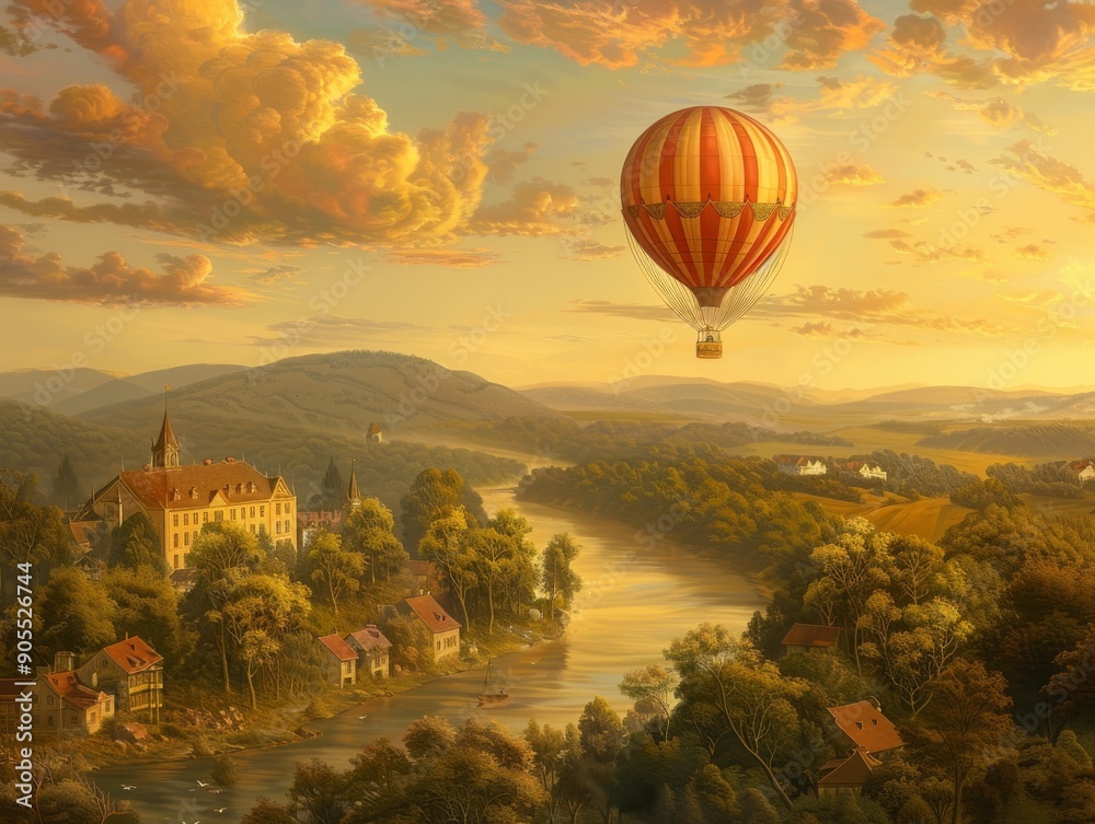 Fototapeta premium A hot air balloon floats over a picturesque valley with a river winding through a lush green landscape.