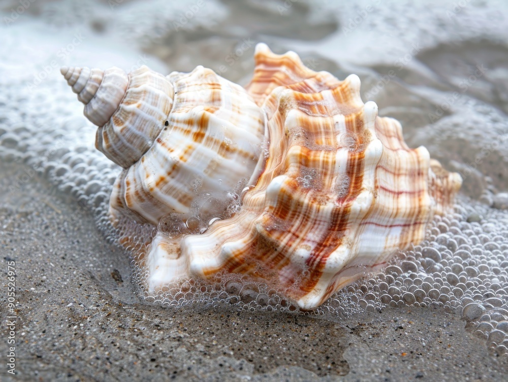 A large seashell with intricate patterns lies on a sandy beach, partially covered in foamy water. A large seashell with intricate patterns lies on a sandy beach, partially covered in foamy water.