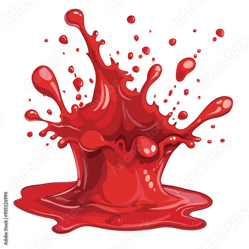Vibrant red splash resembling blood paint, dynamic liquid splatter effect, cartoon style droplets. Red fluid bursting up, glossy splash, isolated white background, prominent splashes extending