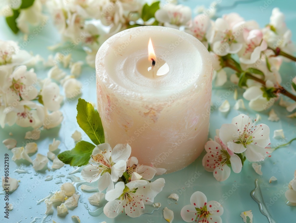 A lit candle surrounded by delicate white blossoms on a blue background. A symbol of peace and tranquility. Perfect for spa, beauty, or relaxation themes. A lit candle surrounded by delicate white blossoms on a blue background. A symbol of peace and tranquility. Perfect for spa, beauty, or relaxation themes.