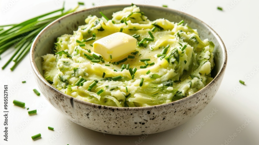 A bowl of mashed potatoes with butter and parsley on the side A bowl of mashed potatoes with butter and parsley on the side