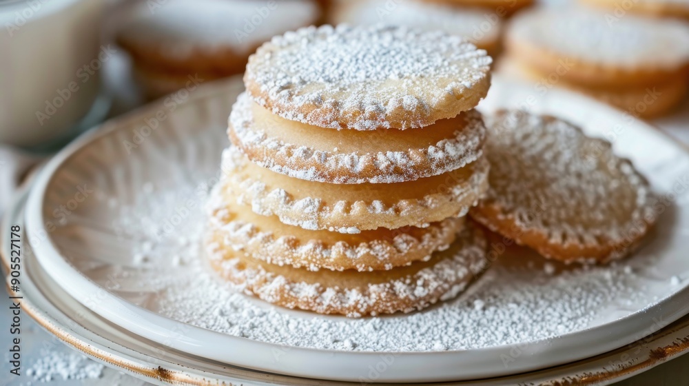A stack of powdered sugar cookies on a white plate A stack of powdered sugar cookies on a white plate