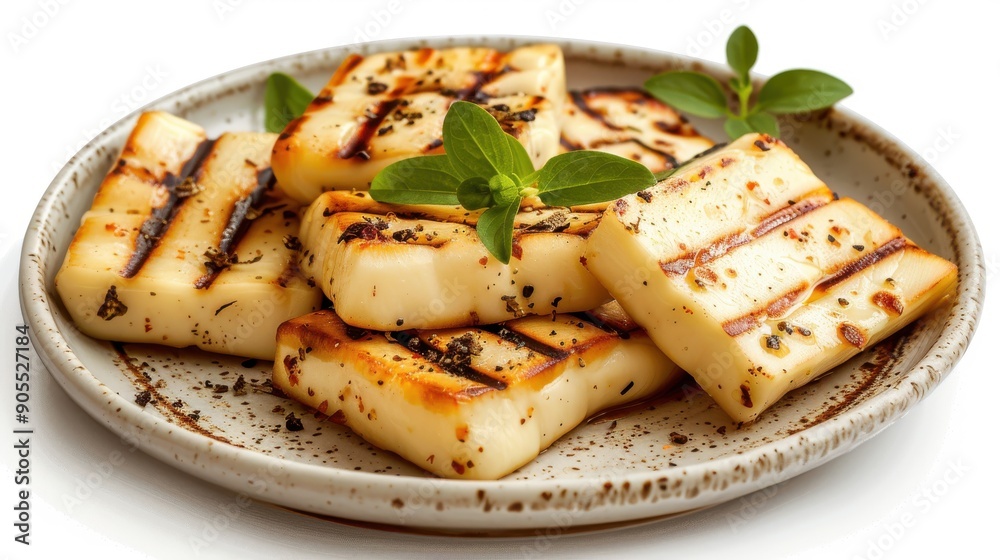 A plate of grilled cheese with a green herb on top A plate of grilled cheese with a green herb on top