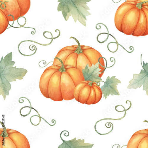 Watercolor seamless pattern featuring orange pumpkins and green leaves. Hand drawn backdrop clipart for autumn event invitations, home textiles, wrapping paper, and eco-friendly packaging designs. photo