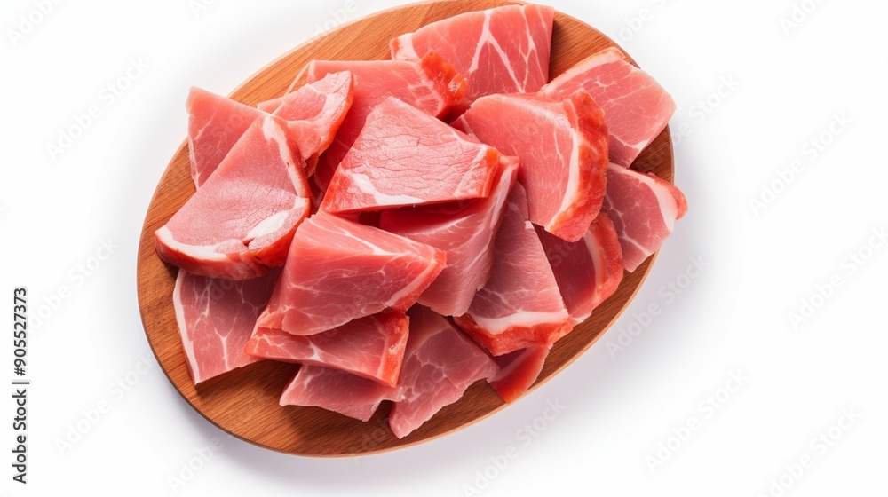 Fresh Raw Pork Cuts on Wooden Board Isolated on White Background Fresh Raw Pork Cuts on Wooden Board Isolated on White Background