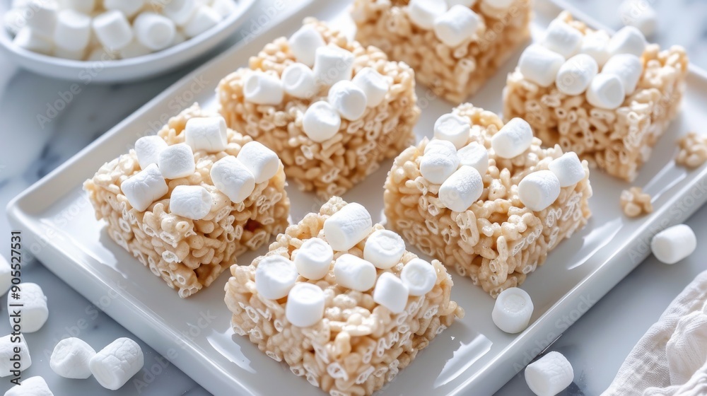 A white plate with six pieces of white and brown marshmallows A white plate with six pieces of white and brown marshmallows