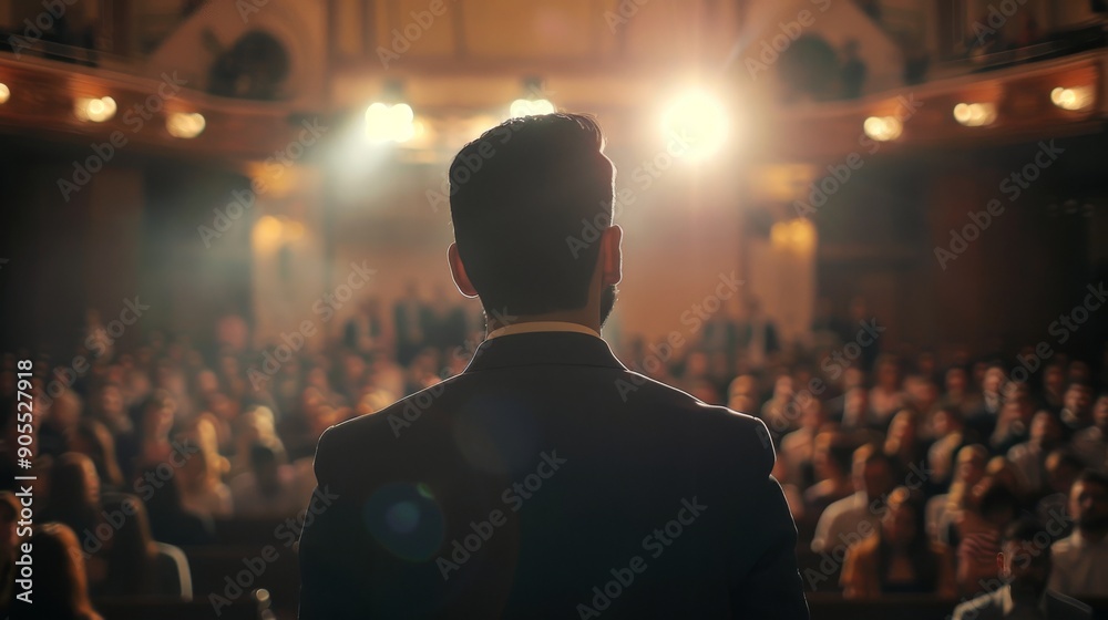 A man in a suit stands on a stage facing a large audience, bathed in warm stage lighting. The crowd is out of focus, creating a sense of anticipation.