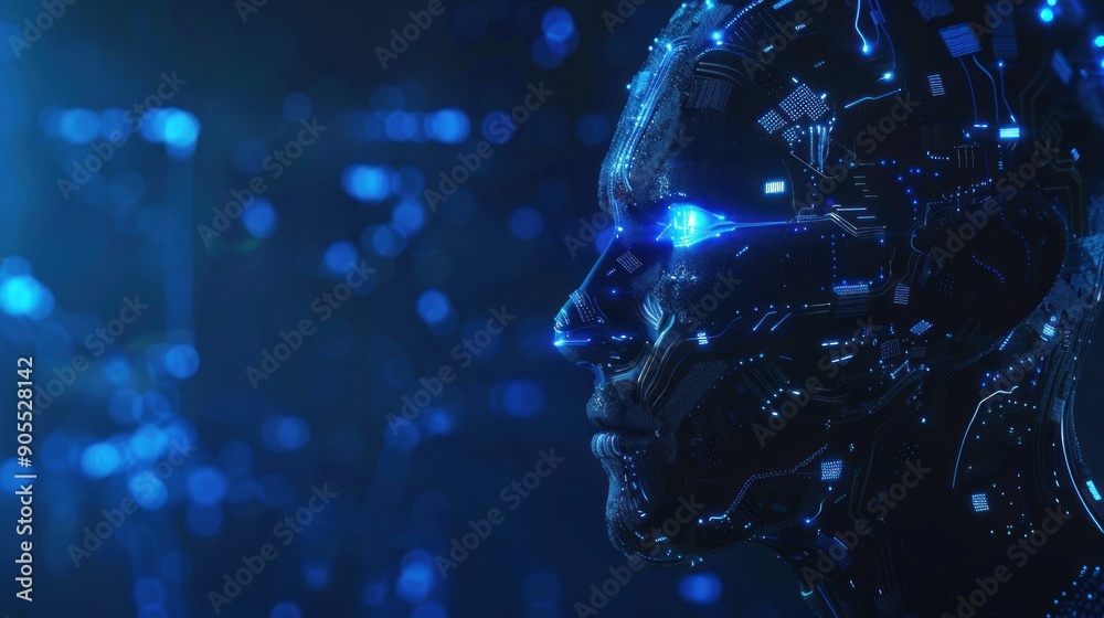 Humanoid head with glowing blue eyes and bright neon neural network on a dark blue background Humanoid head with glowing blue eyes and bright neon neural network on a dark blue background