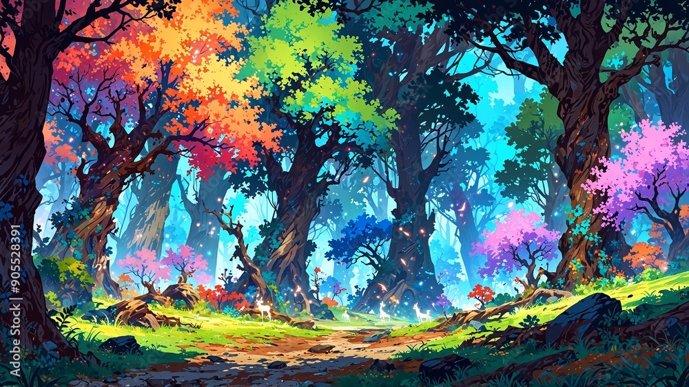 Fototapeta premium A vibrant, magical forest path beckons with its rainbow of trees and playful woodland creatures.