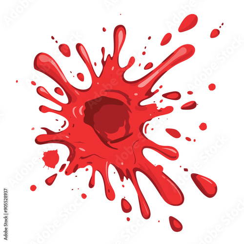 Bright red splatter resembling blood paint splashed against backdrop. Vibrant color splash, suggesting violent impact painting activity. Graphic red blot droplets ejection pattern