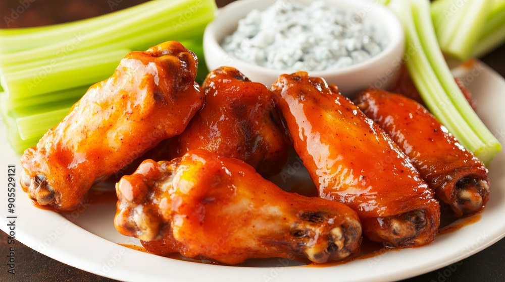 Close-up of hot wings drenched in tangy buffalo sauce, arranged on a white plate with celery sticks and a creamy blue cheese dip, ultra HD, Close-up of hot wings drenched in tangy buffalo sauce, arranged on a white plate with celery sticks and a creamy blue cheese dip, ultra HD,