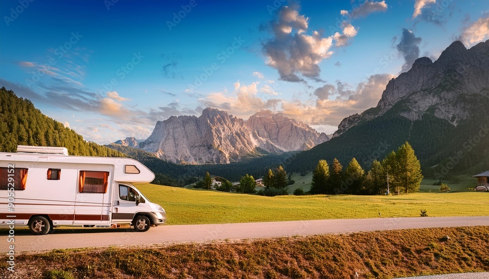 Family vacation travel, holiday trip in motorhome, Caravan car Vacation. Beautiful Nature Italy natural landscape Alps. Family vacation travel, holiday trip in motorhome, Caravan car Vacation. Beautiful Nature Italy natural landscape Alps.