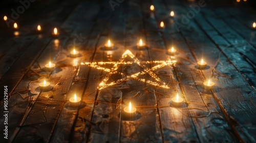 A pentagram formed by lit candles on a rustic wooden floor. The warm glow of the candles creates a mystical and atmospheric scene. photo