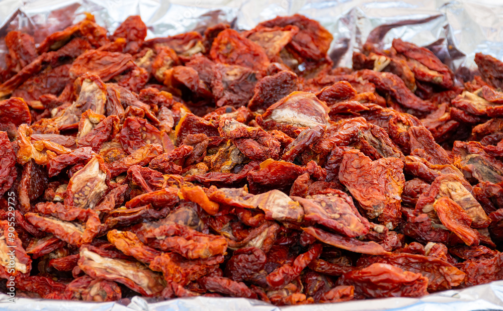 Red Italian sun dried tomatoes on Italian street market Red Italian sun dried tomatoes on Italian street market