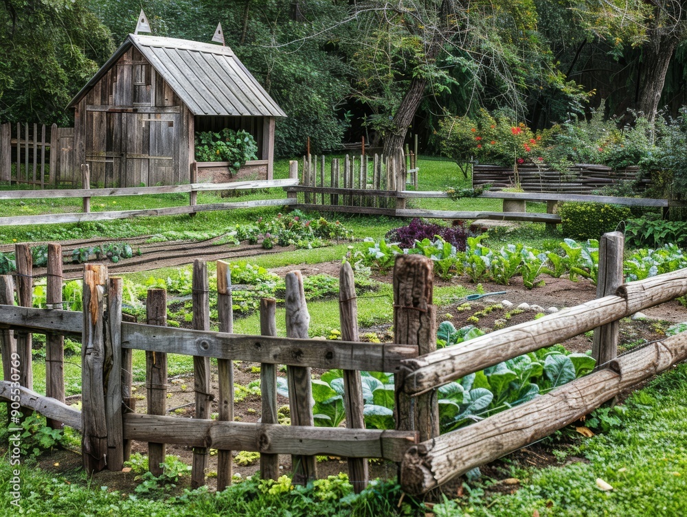 A rustic wooden fence encloses a lush vegetable garden with a small wooden cabin in the background. A rustic wooden fence encloses a lush vegetable garden with a small wooden cabin in the background.