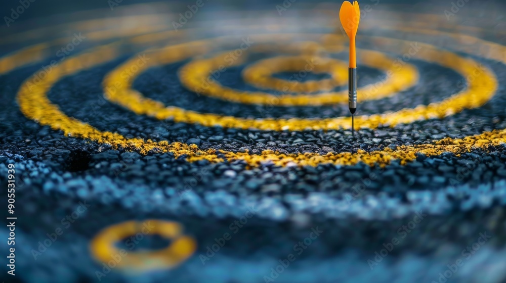 A single dart hits the bullseye of a blue and yellow target, symbolizing success A single dart hits the bullseye of a blue and yellow target, symbolizing success