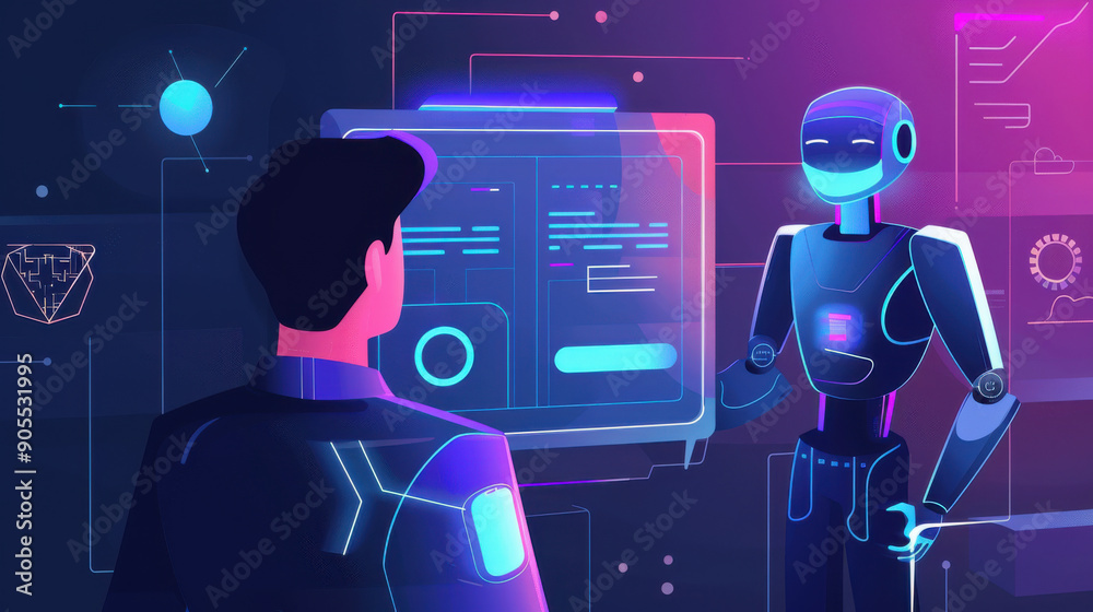 Naklejka premium Chat with AI: Man interacting with a futuristic AI assistant on a virtual screen, Chatbot, ChatGPT technology