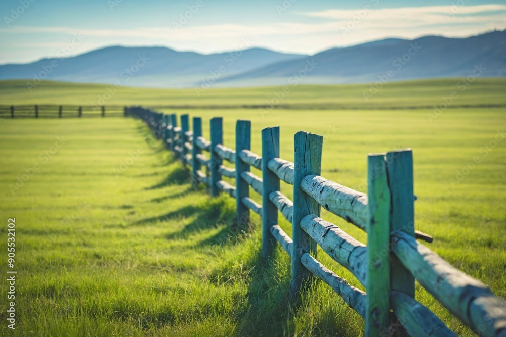 Fototapeta premium Wooden Fence and Open Field: An image featuring a simple wooden fence stretching across a serene, open field.