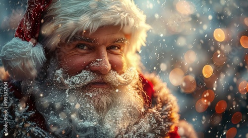 Cheerful Older Man Dressed as Santa Claus Smiling Amidst Falling Snowflakes in Winter Wonderland